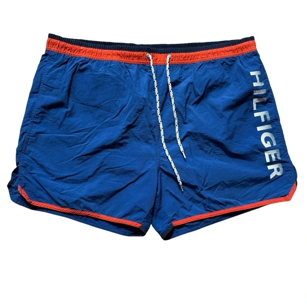 VINTAGE! 90’s Tommy Hilfiger 5” Men's Swim Trunks Blue & Orange Spell Out Logo